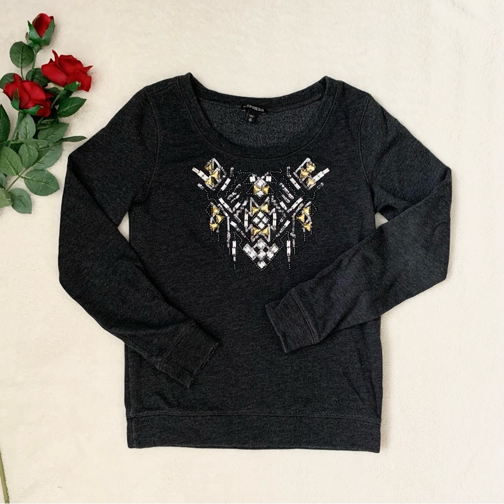 Express Grey Sweater With Beaded Sequince